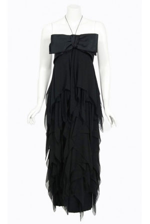 1970 Pauline Trigere Black Silk Chiffon & Satin Halter-Bow Tiered Drape Dress