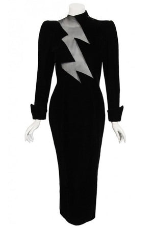 1989 Thierry Mugler Runway Black Velvet Lightning Bolt Sheer Illusion Dress