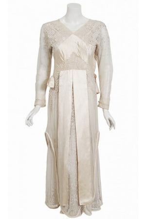 1910's Edwardian Couture Ivory Mixed Lace Draped Silk Sash Layered Dress