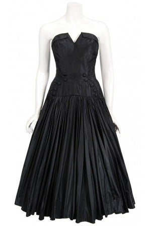 1950's French Couture Black Heavily-Pleated Silk Strapless Party Dress