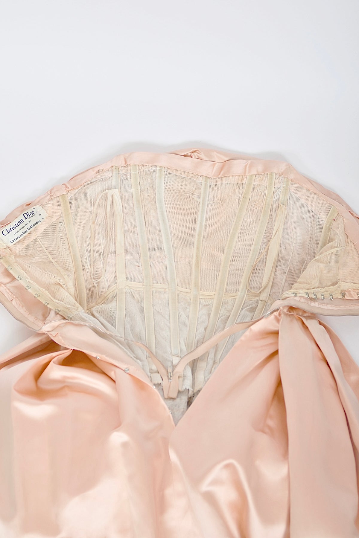 1958 Christian Dior by Yves Saint Laurent Documented Blush-Pink Silk Strapless Corset Gown