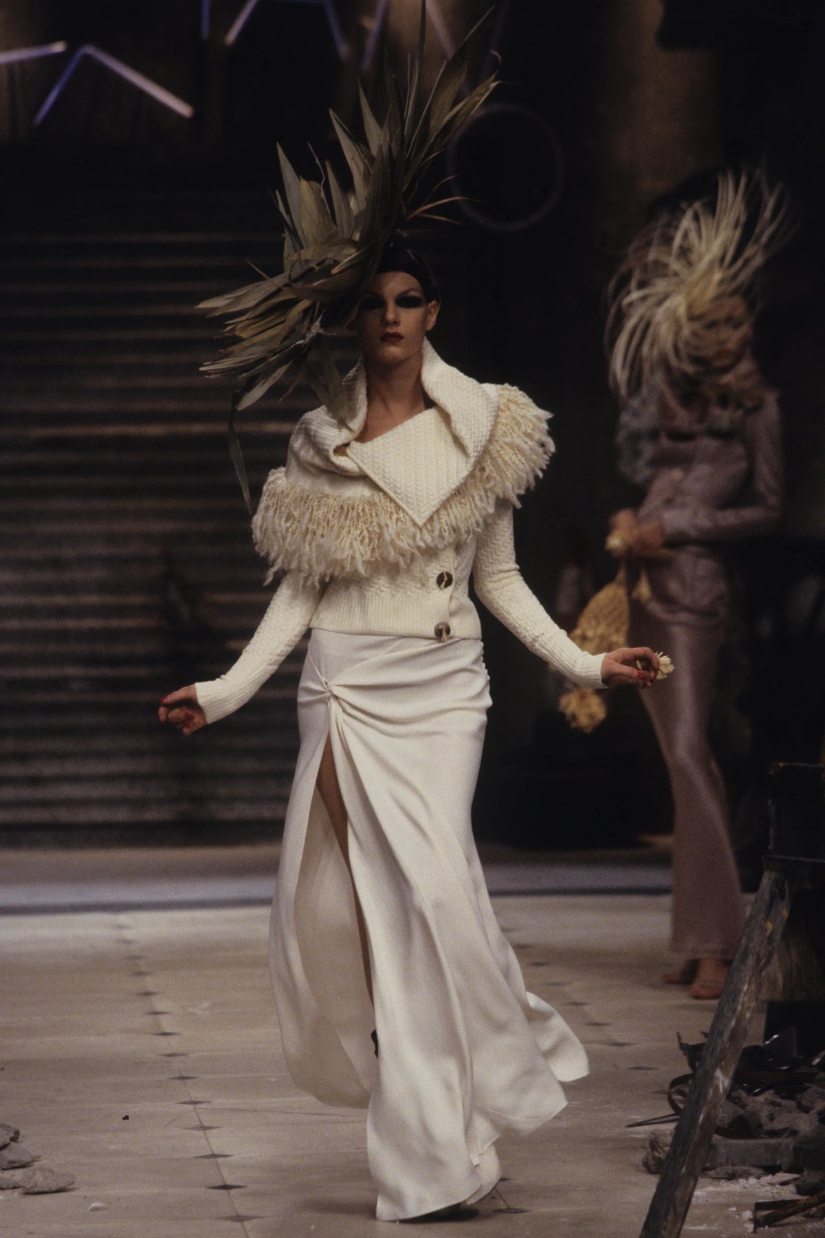 1999 John Galliano Ivory Satin Asymmetric Drape Hourglass Optional Trained Gown