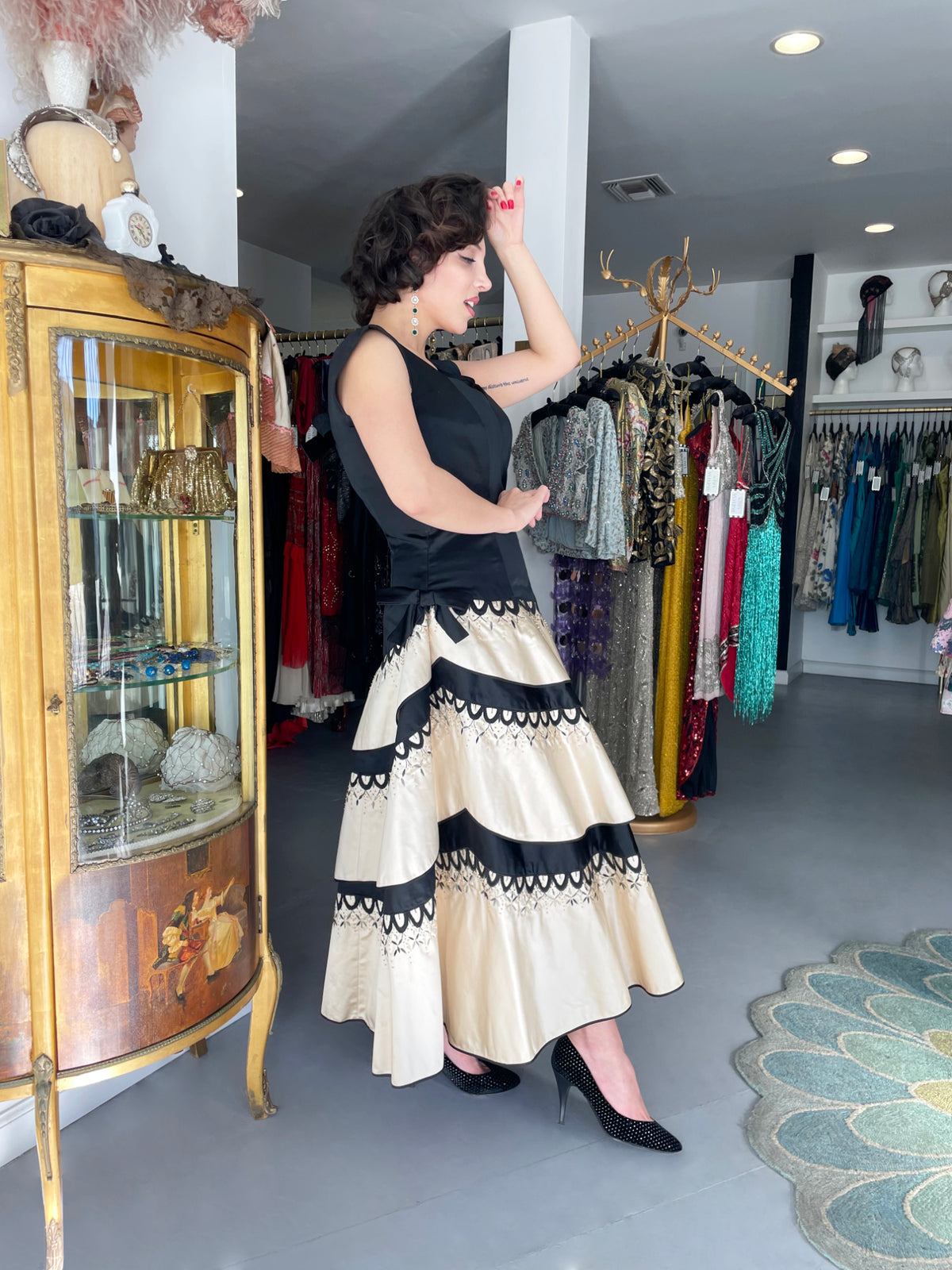 1950&#39;s Emilio Schuberth Couture Black &amp; Ivory Embroidered Satin Dress