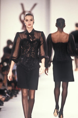 1988 Yves Saint Laurent Documented Black Sheer Silk & Boned Lace Bustier Dress