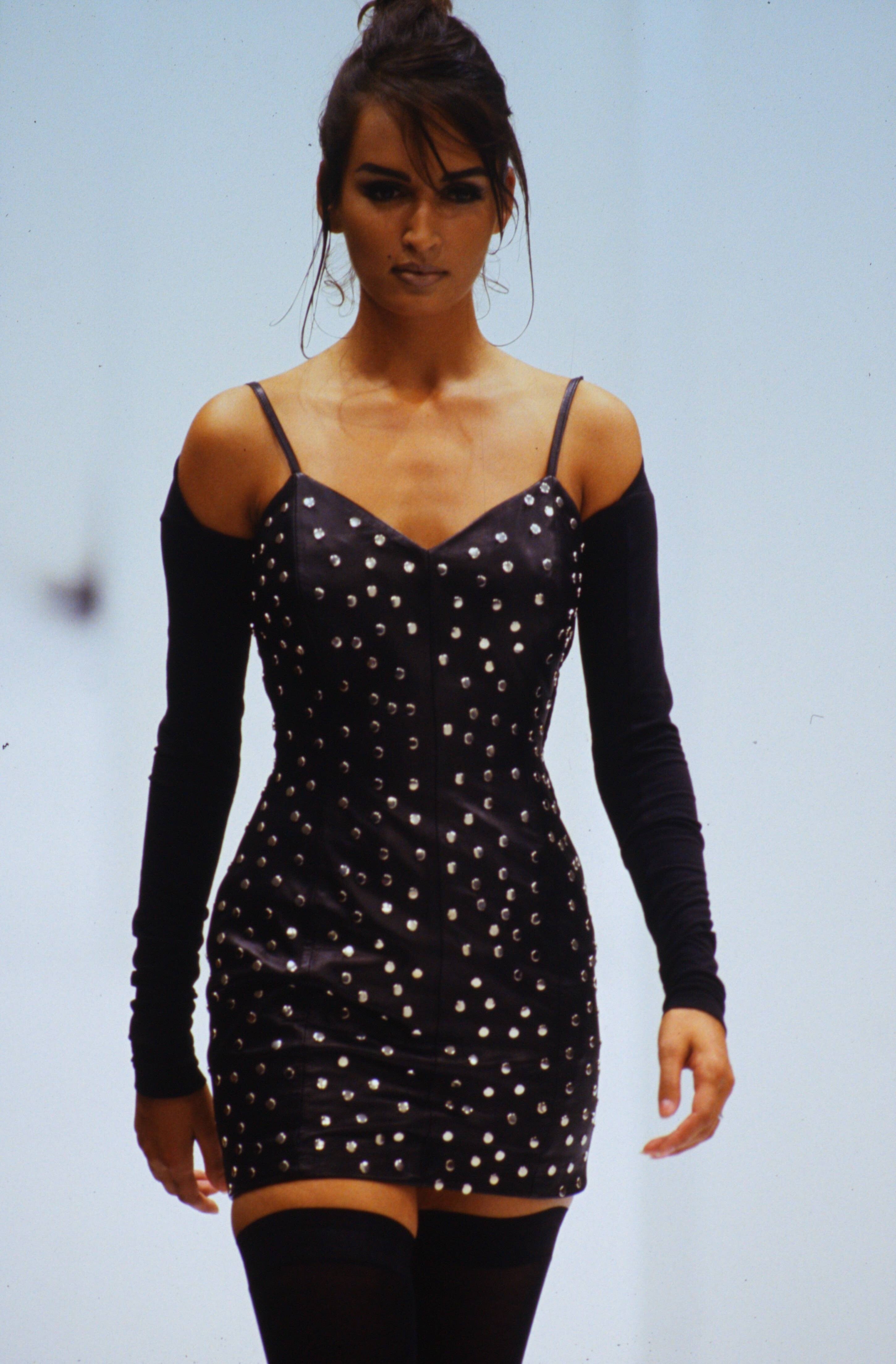 Vintage 1991 Dolce & Gabbana Documented Runway Studded Black Leather Mini Dress