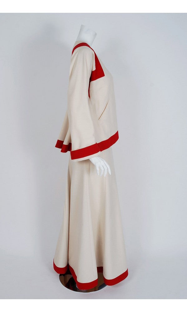 1973 Ossie Clark Ivory Red Block-Color Wool Jacket &amp; Maxi Skirt Dress Ensemble