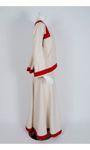 1973 Ossie Clark Ivory Red Block-Color Wool Jacket & Maxi Skirt Dress Ensemble