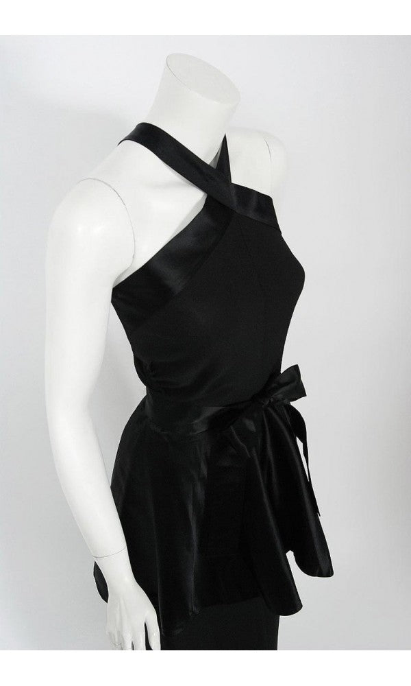 1956 Traina-Norell Couture Black Silk Satin Sculpted Halter Peplum Gown
