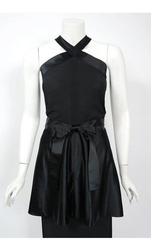 1956 Traina-Norell Couture Black Silk Satin Sculpted Halter Peplum Gown