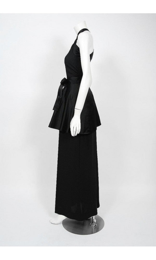 1956 Traina-Norell Couture Black Silk Satin Sculpted Halter Peplum Gown