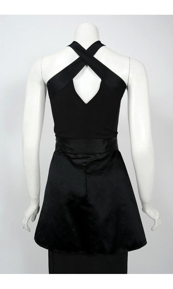 1956 Traina-Norell Couture Black Silk Satin Sculpted Halter Peplum Gown