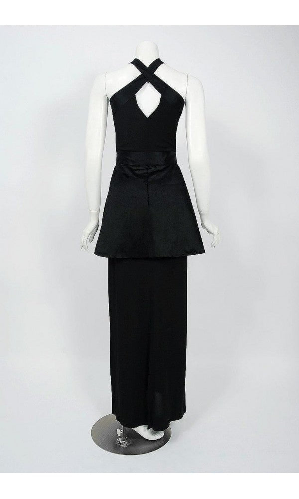 1956 Traina-Norell Couture Black Silk Satin Sculpted Halter Peplum Gown