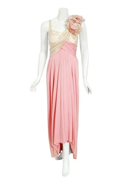 1960&#39;s Film-Worn Pink Silk and Ivory Satin Floral Appliqué Draped Gown