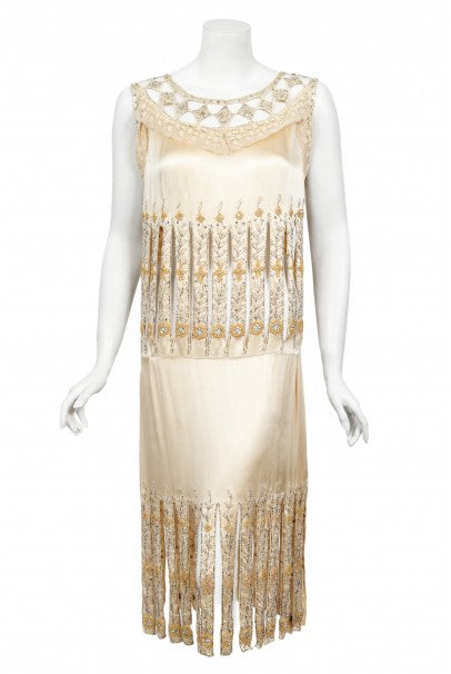 1920s Beaded Rhinestone Cream Silk Birdcage Cut-Out Fringe Flapper Dress