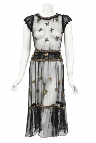 1930&#39;s Bette Davis Owned Couture Old Hollywood Sheer Beaded Silk Dress