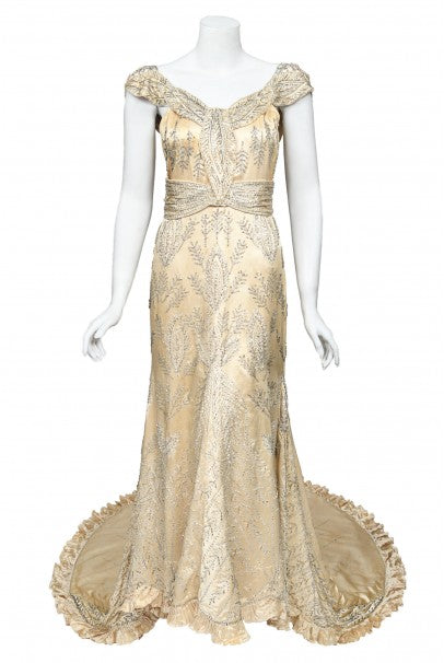 1930&#39;s Beaded Rhinestone Candlelight Silk Trained Old Hollywood Gown
