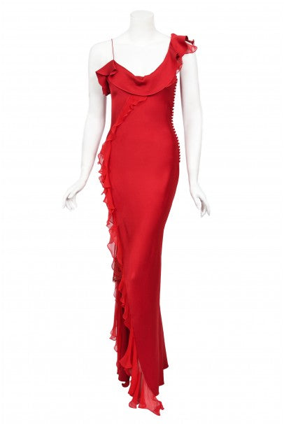 2003 Christian Dior by John Galliano Ruby Red Silk Bias-Cut Ruffle Gown