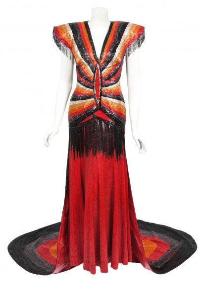 1970s Epic Fully Beaded Couture Backless Bias-Cut Trained Gown Ensembl