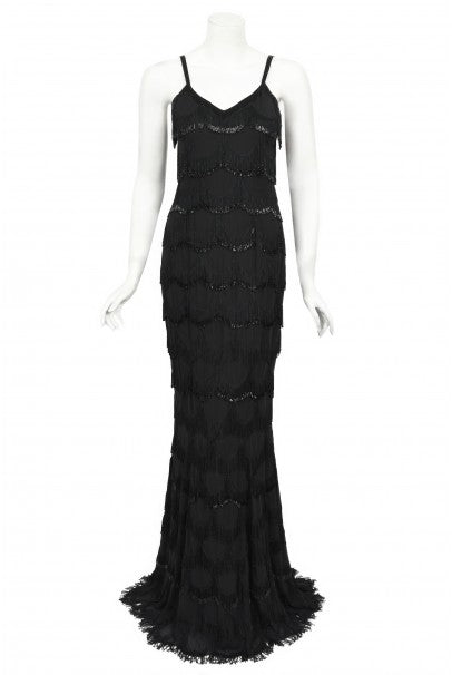 2008 Christian Dior by Galliano Black Silk Beaded Fringe Bias-Cut Gown