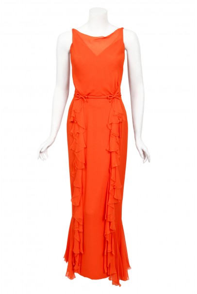 1960&#39;s Helen Rose Couture Orange Silk-Chiffon Hourglass Ruffle Gown Set
