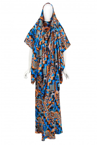 1970&#39;s Madame Grès Haute Couture Graphic Print Silk Gown &amp; Hooded Shawl