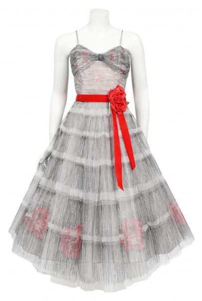 1950&#39;s Emma Domb Red Roses Illusion Print Tulle Full-Skirt Party Dress