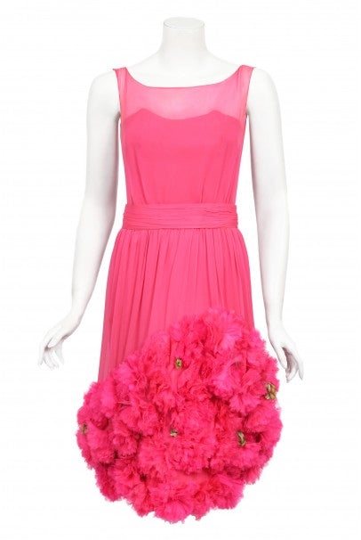 1950&#39;s Ceil Chapman Pink Silk Chiffon Floral Appliqué Cocktail Dress