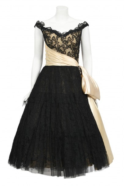1950&#39;s Pauline Trigère Black Lace &amp; Ivory Satin Illusion Off-Shoulder ‘New Look’ Party Dress