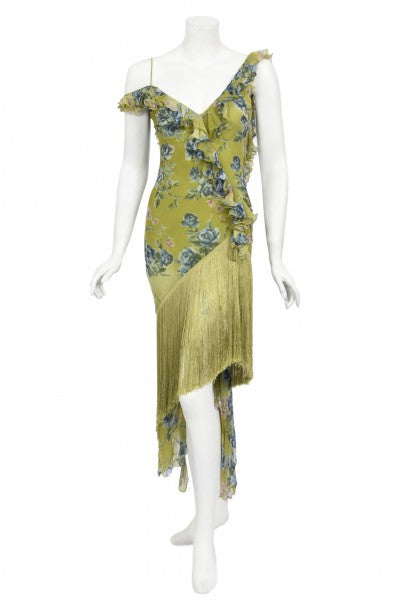 2000 Christian Dior by Galliano Green Floral Silk Fringed Bias-Cut Dress