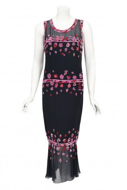 1997 Chanel by Karl Lagerfeld Runway Beaded Blue Semi-Sheer Silk Dress