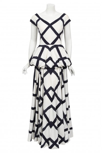 1940&#39;s Ceil Chapman Windowpane Print White Cotton Peplum Full-Skirt Gown