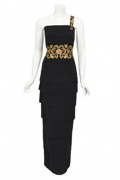 slim fit dress slacks Thalia Crepe Gown With Metallic Sheen In Rose-Gold – Rhea Costa main image 1
