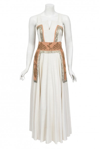 1950&#39;s Lanvin Castillo Couture Metallic Embroidered Ivory Linen Gown Set