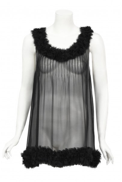 2006 Chanel By Karl Lagerfeld Runway Sheer Black Silk Babydoll Ruffle Mini Dress