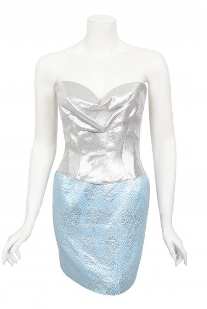 1992 Thierry Mugler Couture Metallic Silver Blue Bustier Mini Skirt Suit