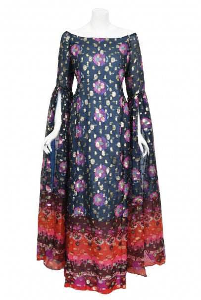 1960&#39;s Tina Leser Metallic Organza Dramatic Angel-Sleeve Psychedelic Gown