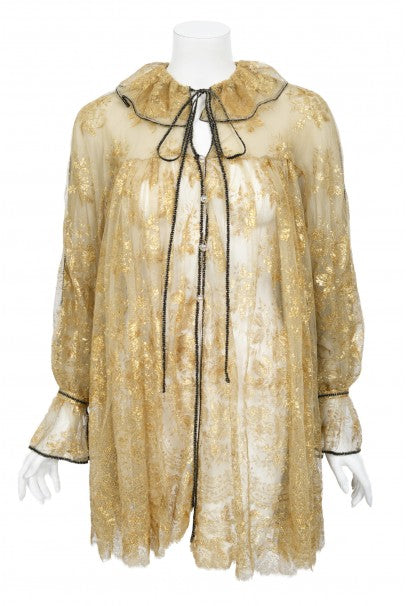 1970's Bill Gibb London Couture Metallic Gold Sheer Lace Babydoll Mini