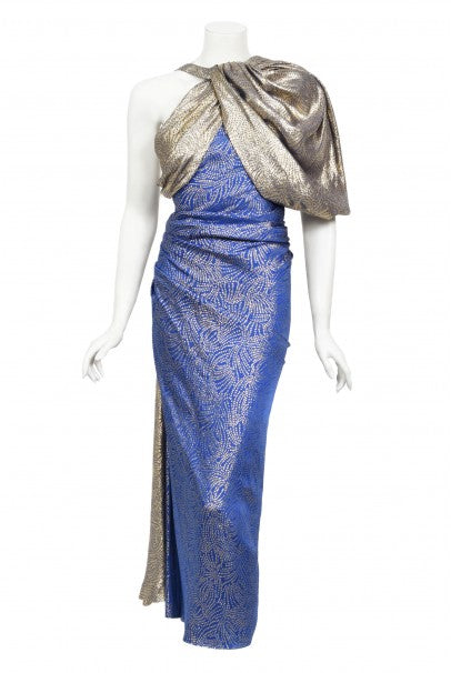 1990's Jacqueline de Ribes Metallic Blue Lurex Silk Asymmetric Gown
