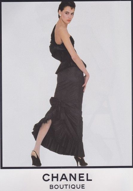 1986 Chanel Documented Runway Black Pleated Silk One-Shoulder Hourglass Gown