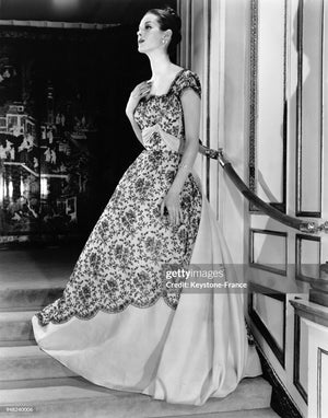1950’s Hattie Carnegie Couture Large-Scale Black Floral Chenille Lace Full Skirted High-Low Gown