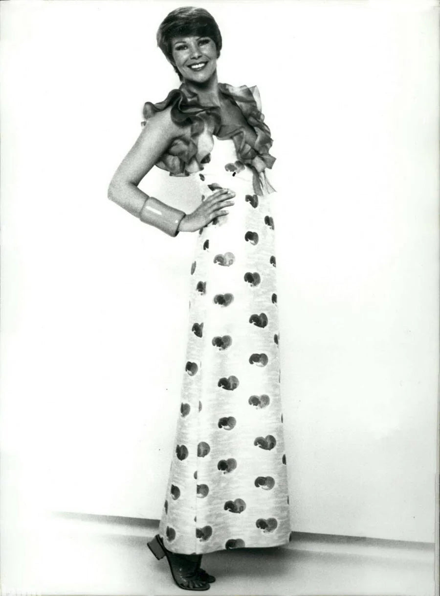 1974 Courreges Documented Green Print Cotton &amp; Ruffle Organza Gown