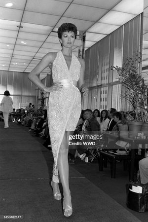 1982 Halston Runway Beaded Sheer Illusion Champagne Lace Backless Halter Wrap Gown
