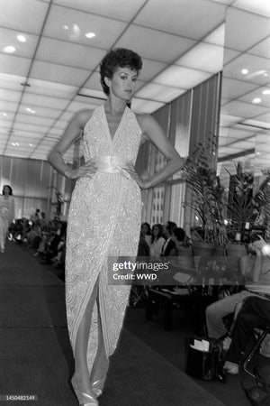 1982 Halston Runway Beaded Sheer Illusion Champagne Lace Backless Halter Wrap Gown
