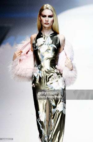 1997 Valentino Runway Metallic Gold Beaded Embroidered Floral Lamé Silk High Slit Column Gown