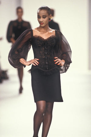 1988 Yves Saint Laurent Documented Black Sheer Silk & Boned Lace Bustier Dress