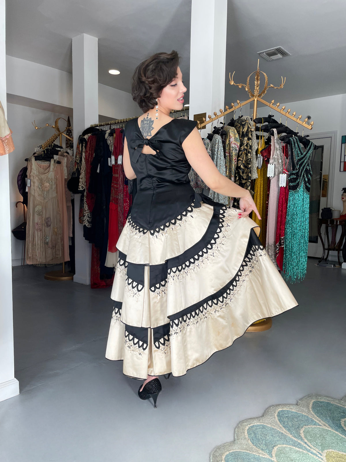 1950&#39;s Emilio Schuberth Couture Black &amp; Ivory Embroidered Satin Dress
