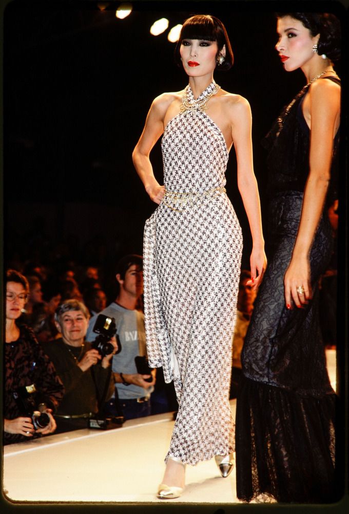 1984 Chanel by Karl Lagerfeld Black & White Sequin Houndstooth Silk Bias-Cut Halter Gown