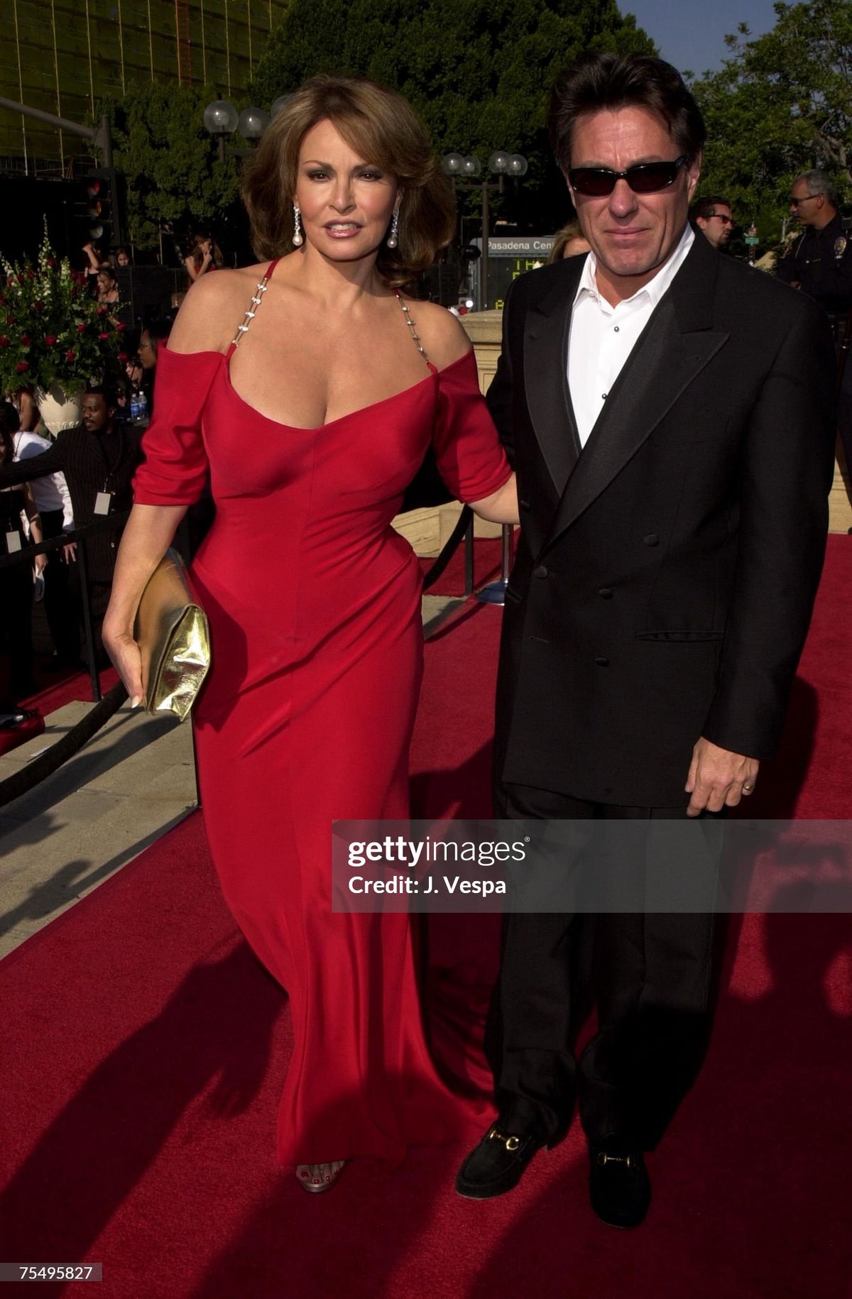 2000 Raquel Welch Custom Couture Ruby-Red Silk Bustier Hourglass Trained Gown