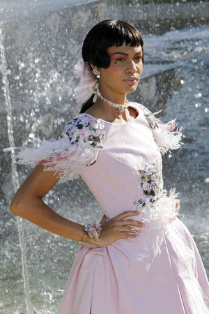 2013 Chanel by Karl Lagerfeld Runway Sample Pink Linen Floral Appliqué & Feathers Dress