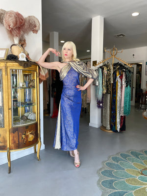 1990's Jacqueline de Ribes Metallic Blue Lurex Silk Asymmetric Bias-Cut Gown